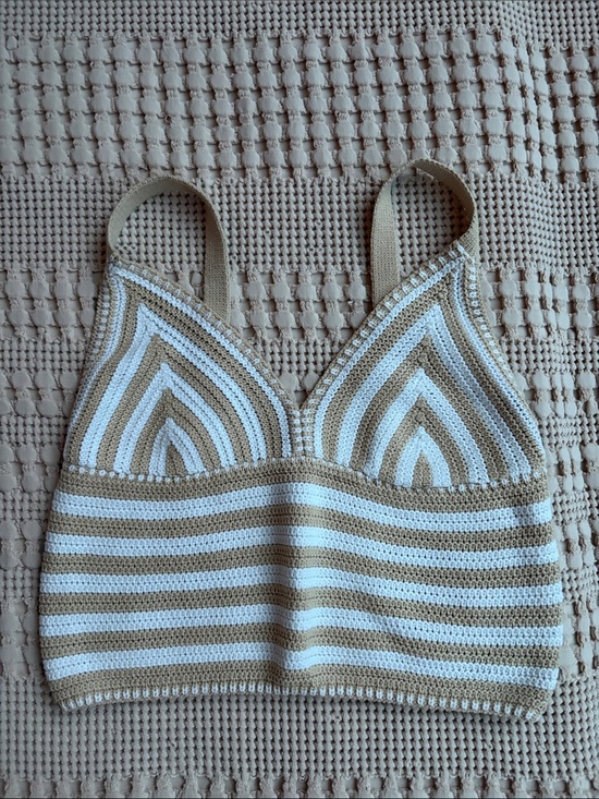 Willow & Wind Tops - Striped Crochet Tank Top in Beige and White